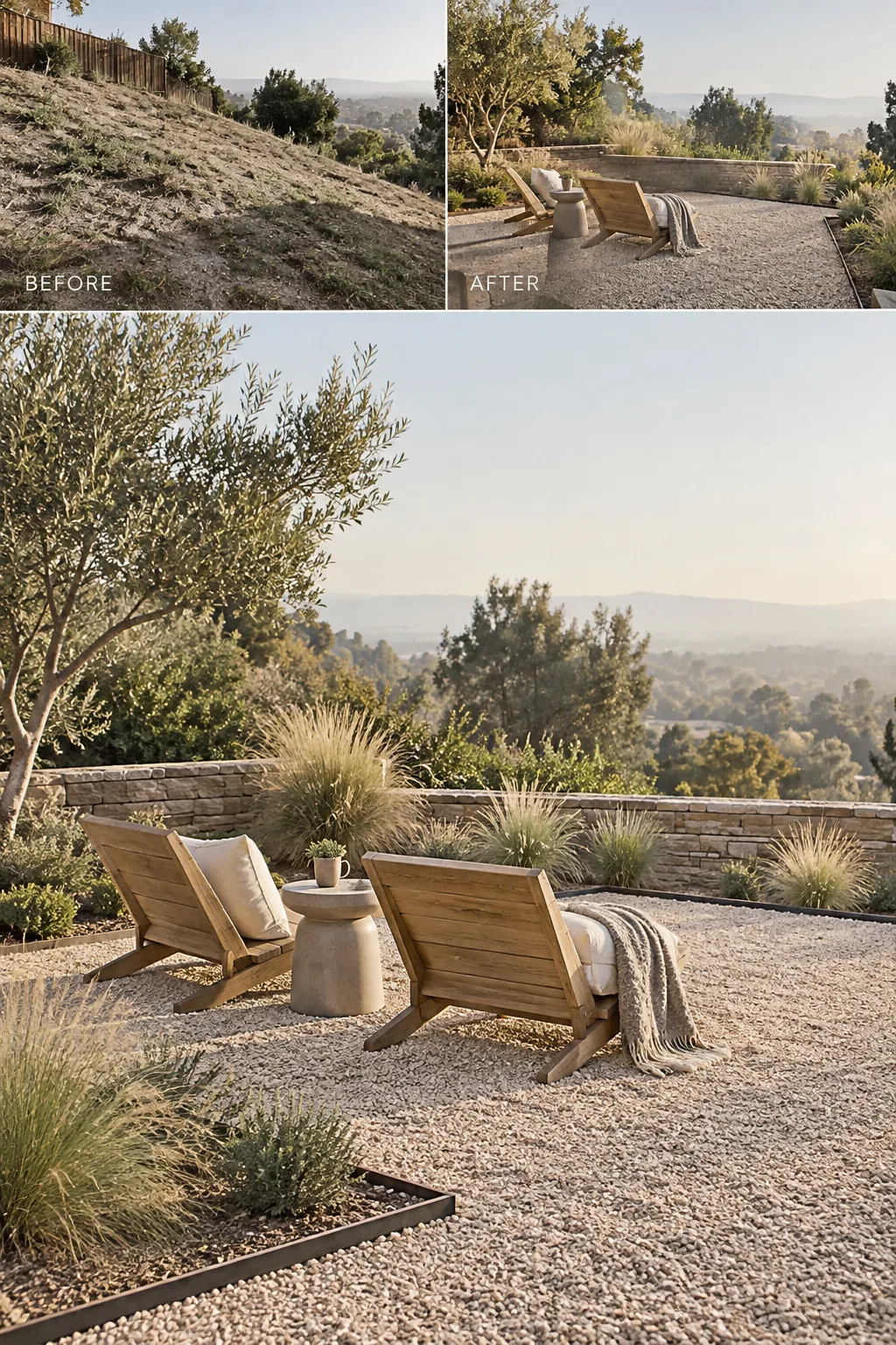 Flat gravel seating area with adirondack chairs dug into a gentle backyard slope, bordered by steel edging