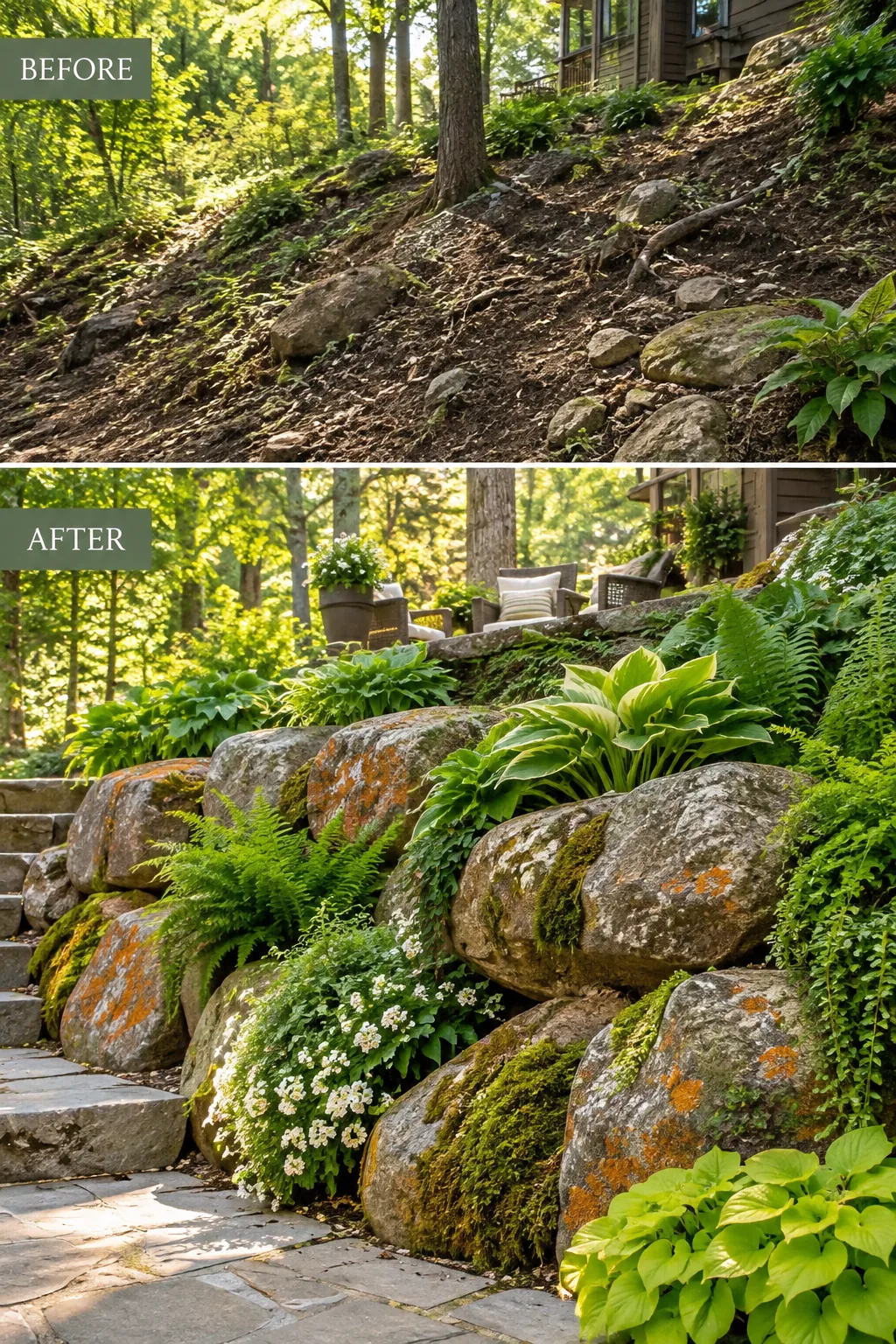 Large natural boulders holding back a leveled section of lawn in a shaded, wooded backyard