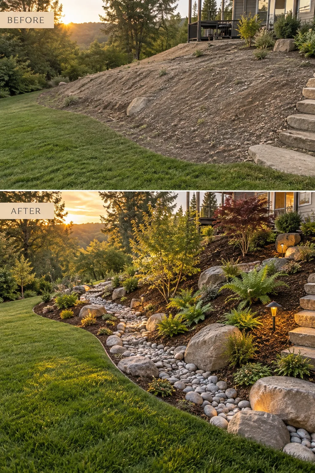 Shallow trench filled with river rocks running across a sloped yard to catch and redirect rainwater