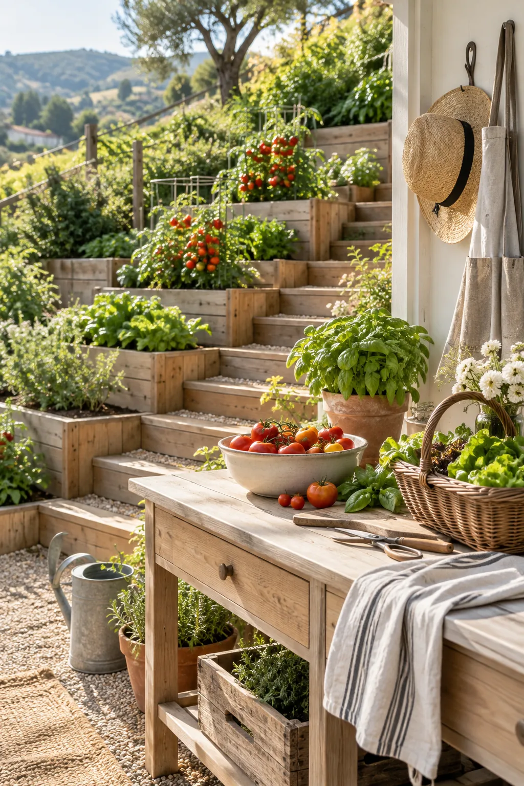 Wooden raised vegetable garden beds built in a staircase pattern down a grassy hillside