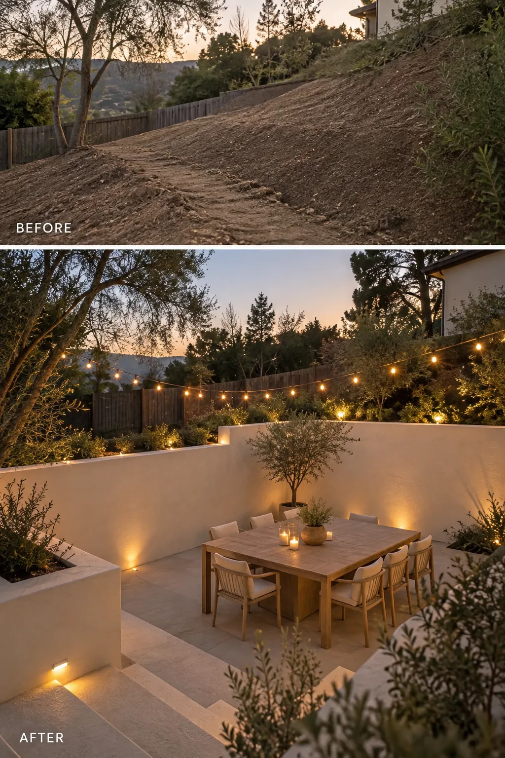 Flat dining courtyard dug into a hill, surrounded by a tall white stucco retaining wall and string lights