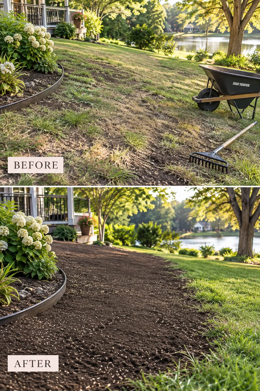 Low landscape edging holding back fresh topsoil that tapers smoothly into an existing lawn