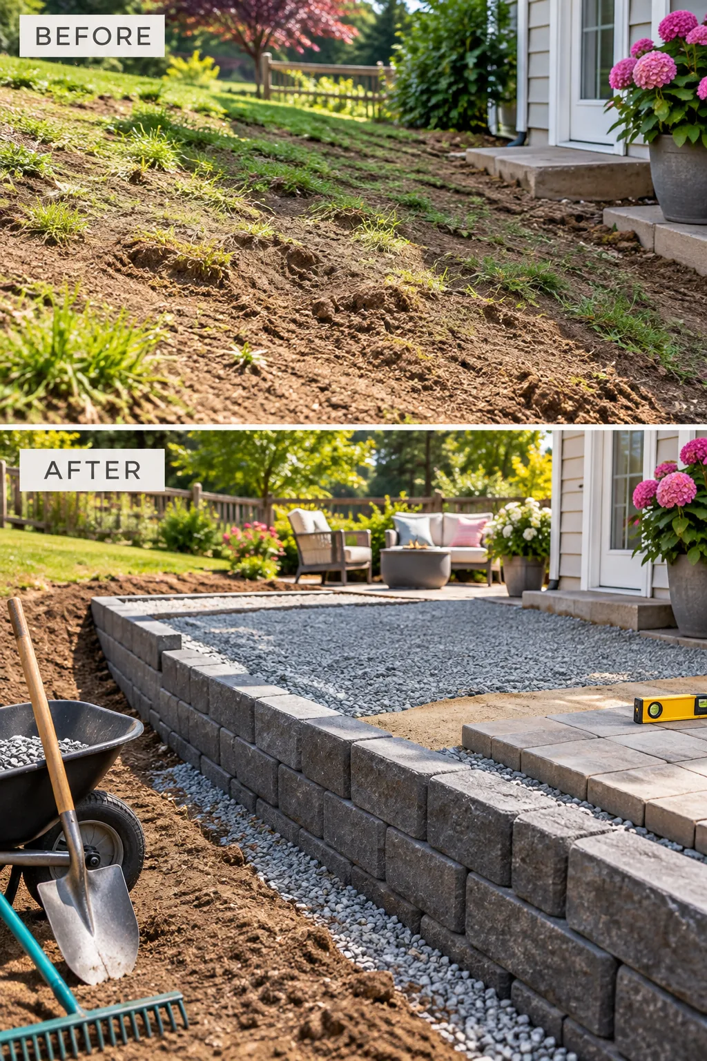 Interlocking concrete retaining blocks stacked to create a level base filled with crushed stone for a new patio