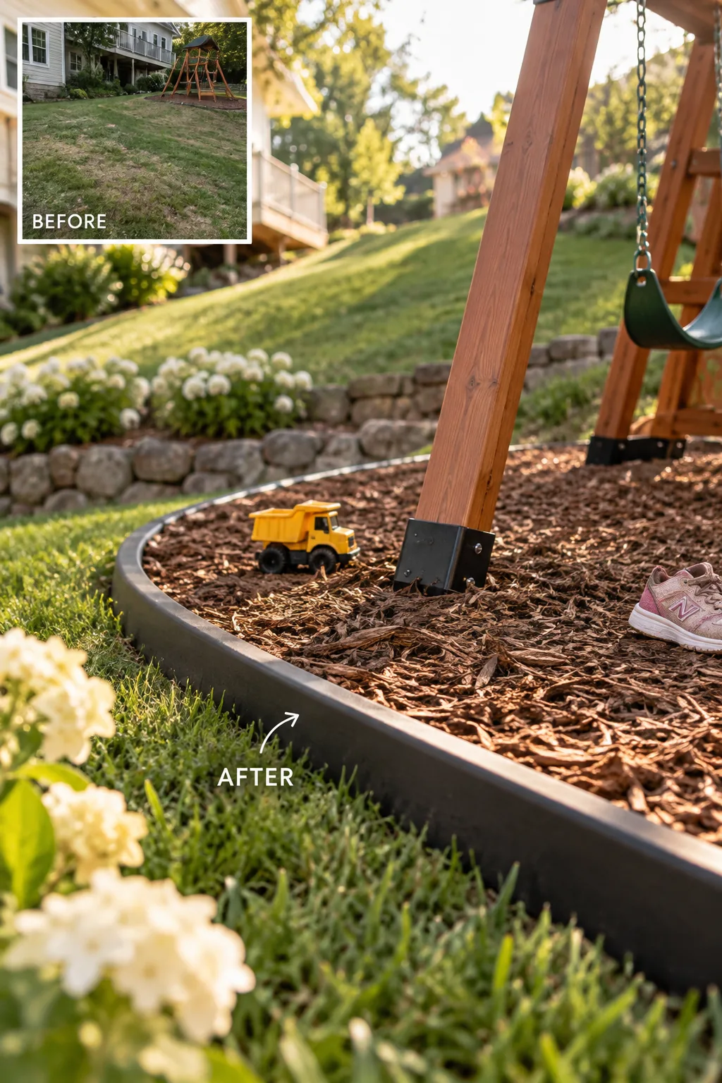 Flat square play area filled with mulch and a swing set, leveled into a sloping backyard corner