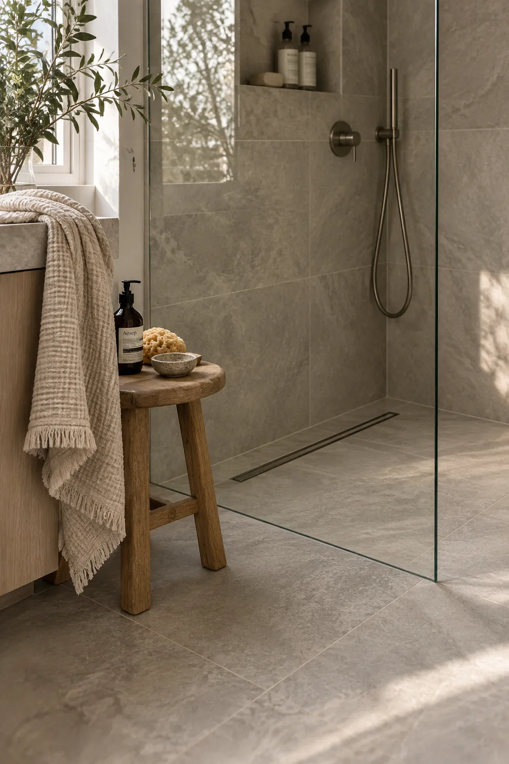 Small bathroom with a seamless curbless walk in shower and frameless glass