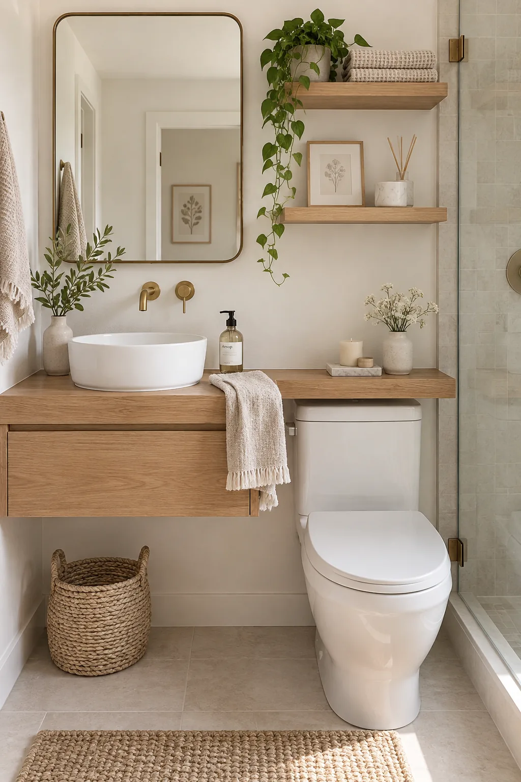 Custom floating vanity extending over a toilet tank in a small bathroom