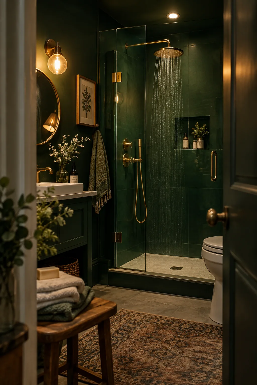 Dark painted small bathroom with a glass shower and brass fixtures