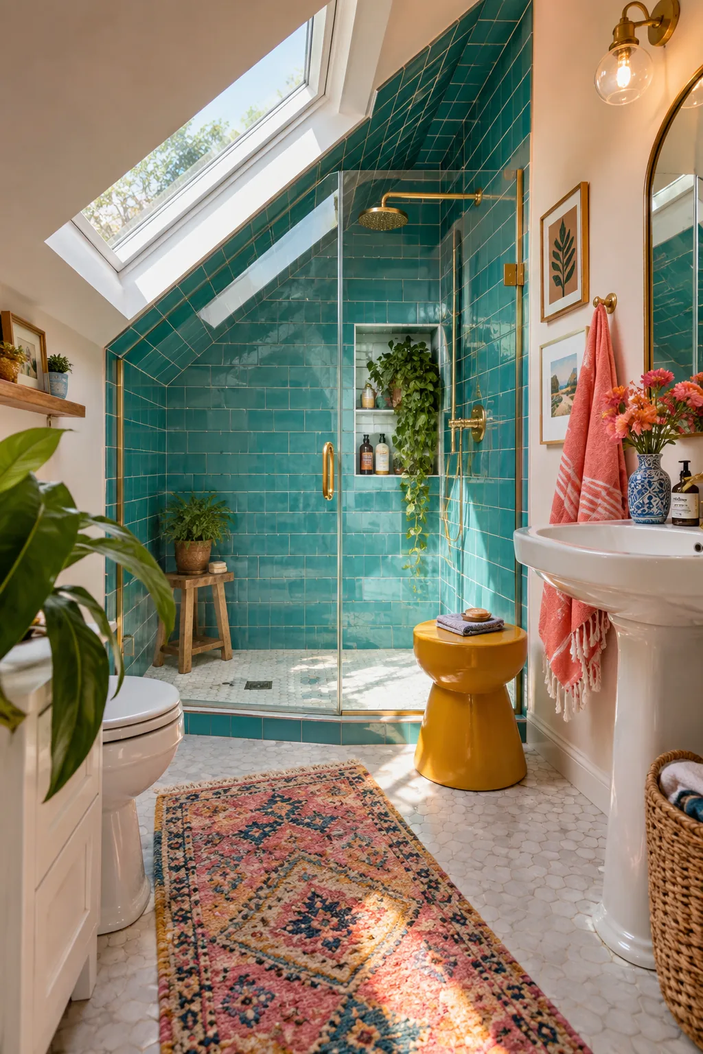 Shower tucked into a sloped ceiling alcove with a skylight