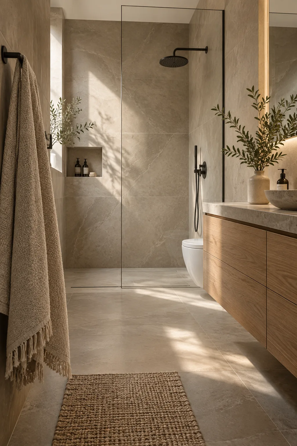 Small bathroom featuring oversized large format porcelain tiles in the shower