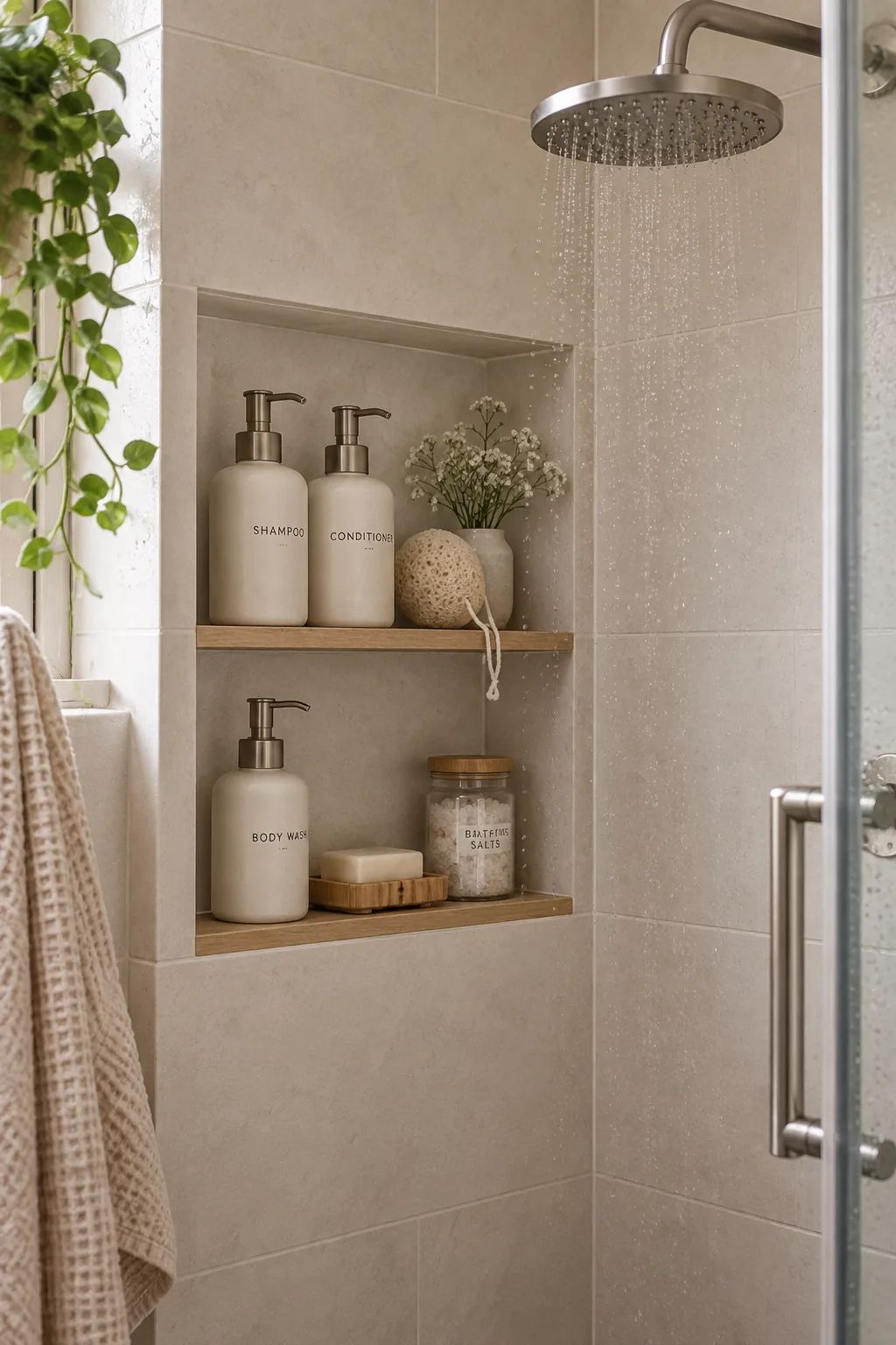 Built in tiled shower niche holding shampoo and soap