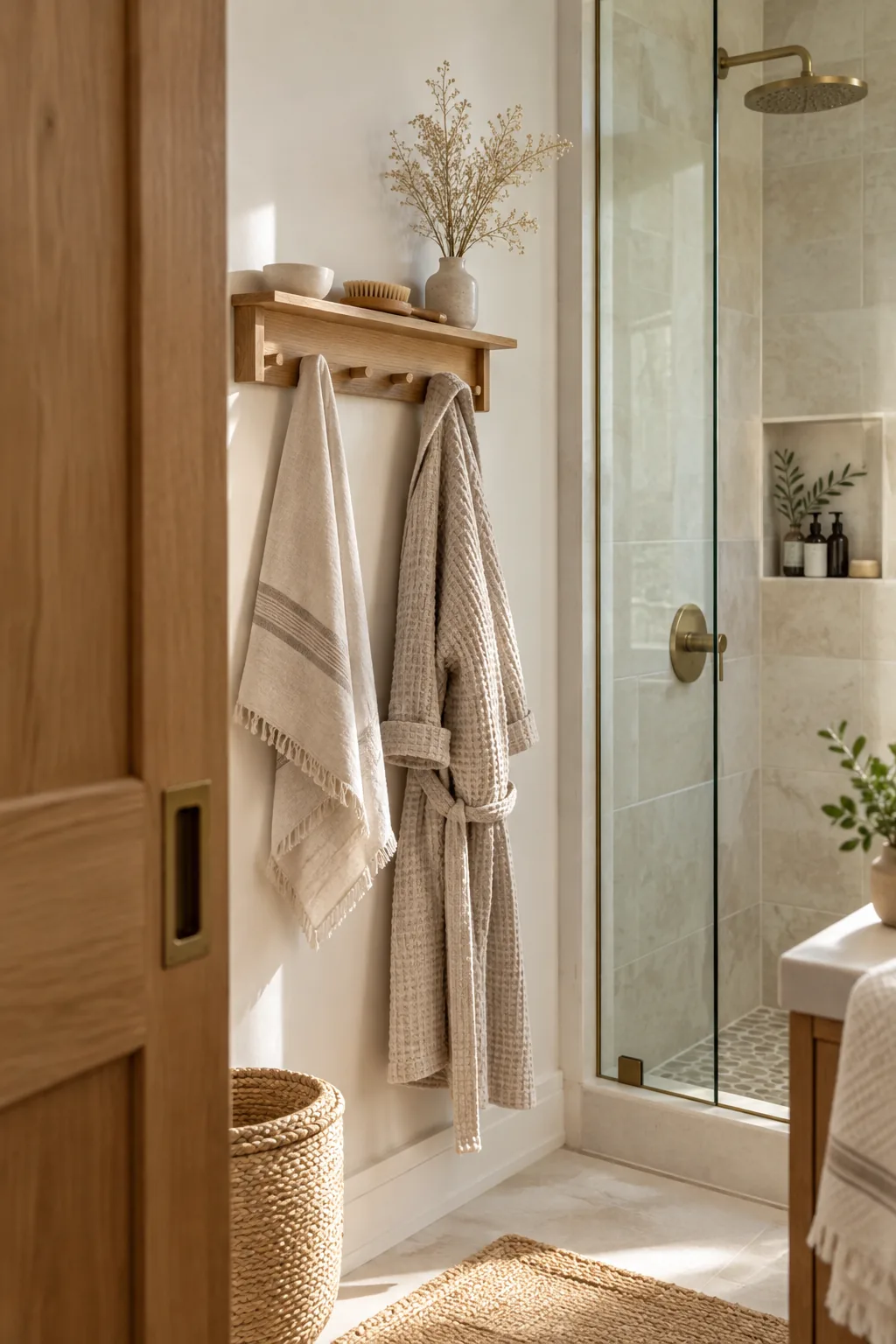 Bathroom pocket door sliding into the wall next to a glass shower