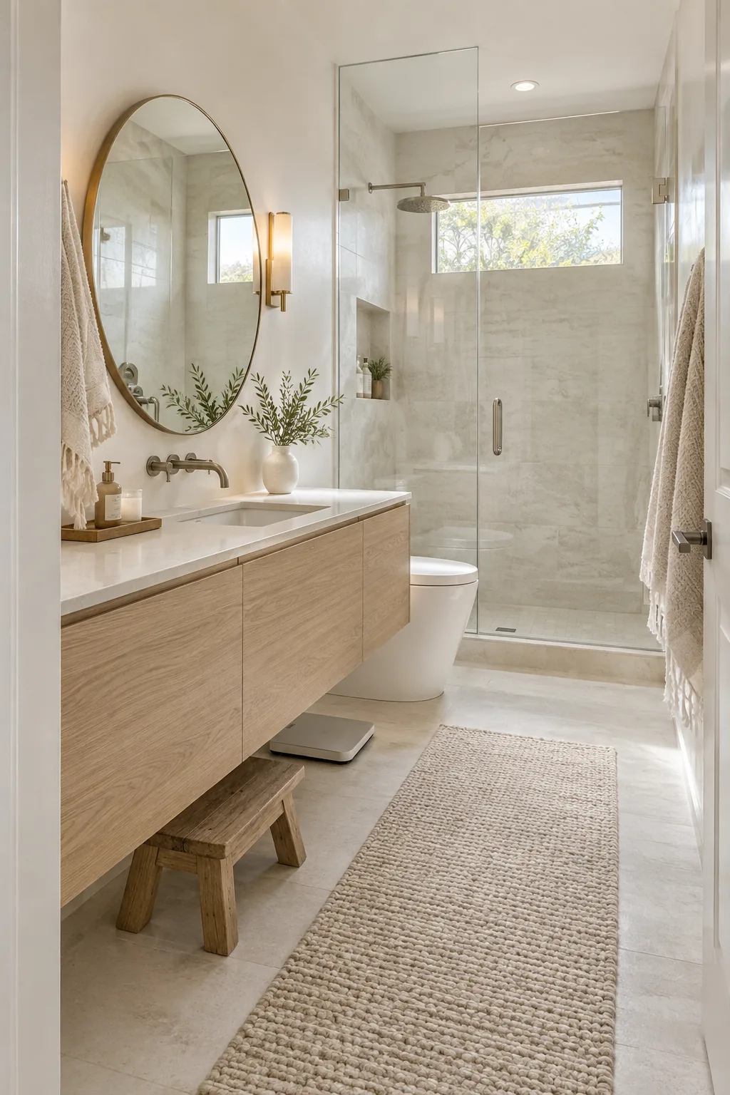 Wall mounted floating wood vanity in a narrow bathroom
