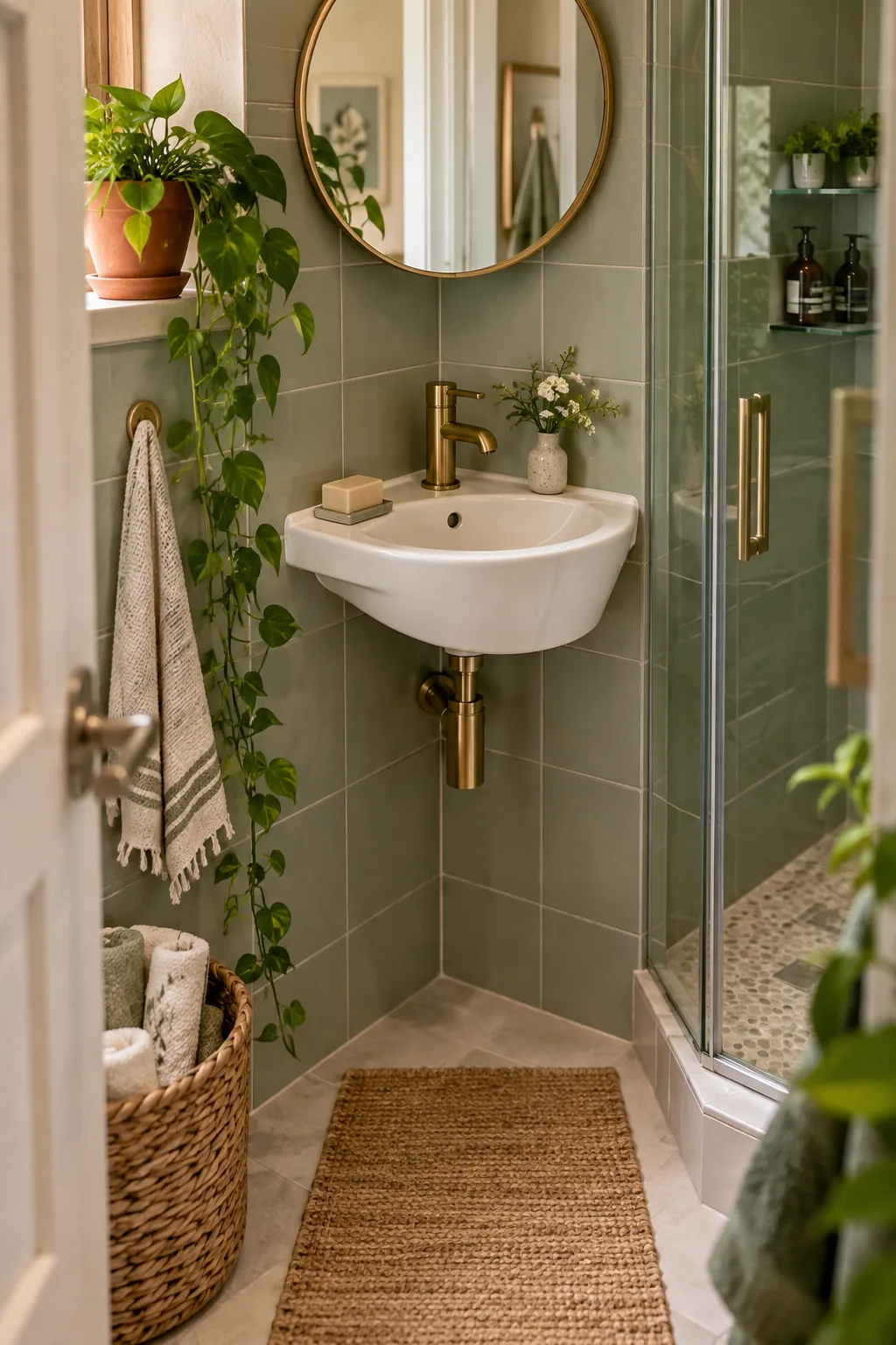 Small ceramic corner sink installed next to a shower stall