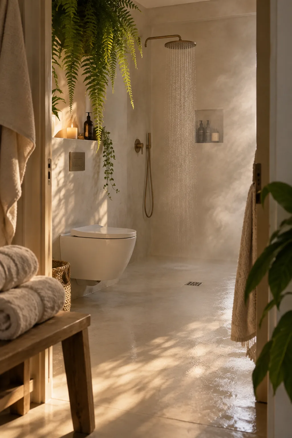 Fully tiled wet room with an open shower next to a toilet