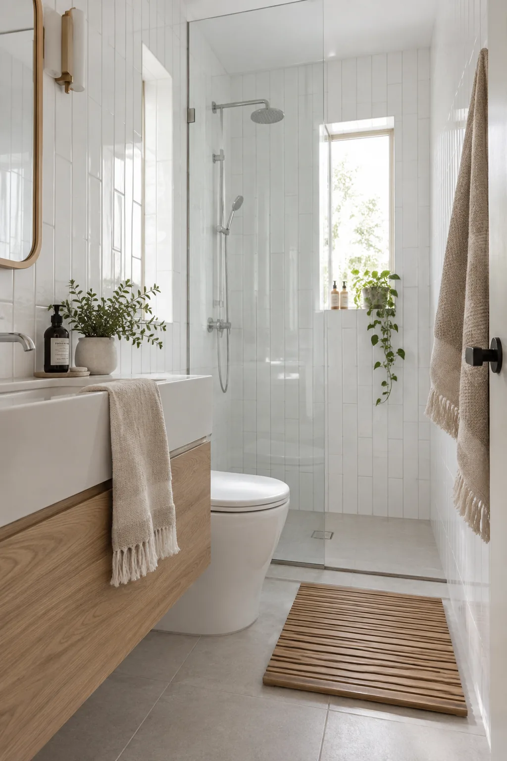 Shower walls tiled with vertically stacked glossy white subway tiles