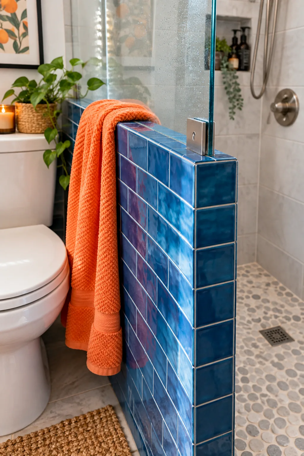 Half wall topped with glass separating a toilet and a shower pan