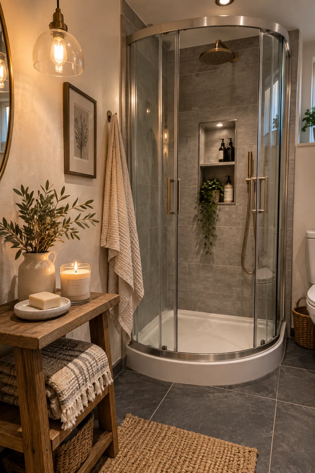Corner shower with curved sliding glass doors in a small bathroom