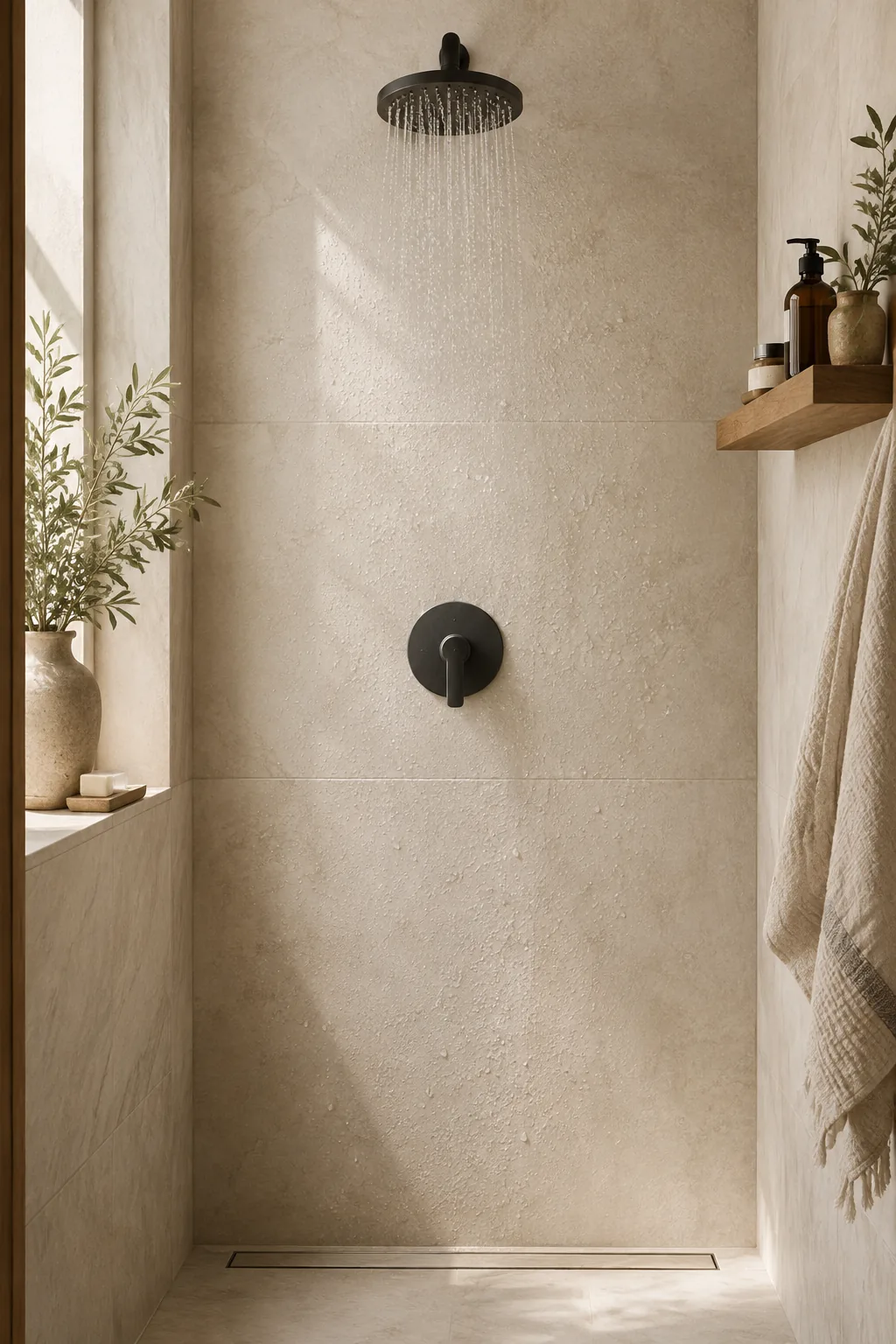 Minimalist shower with concealed valves and a simple wall mounted showerhead