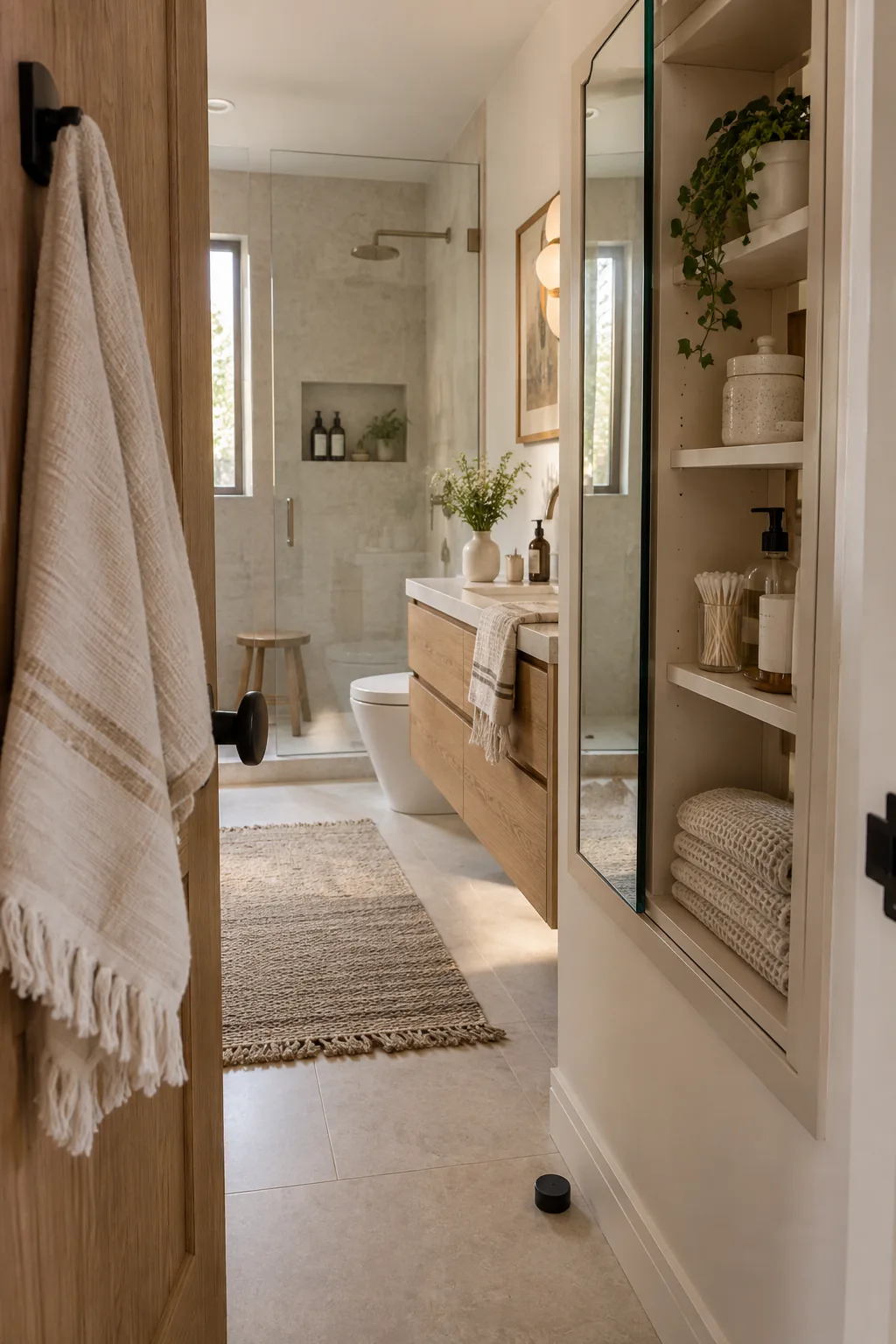 Recessed medicine cabinet installed in the wall behind a bathroom door
