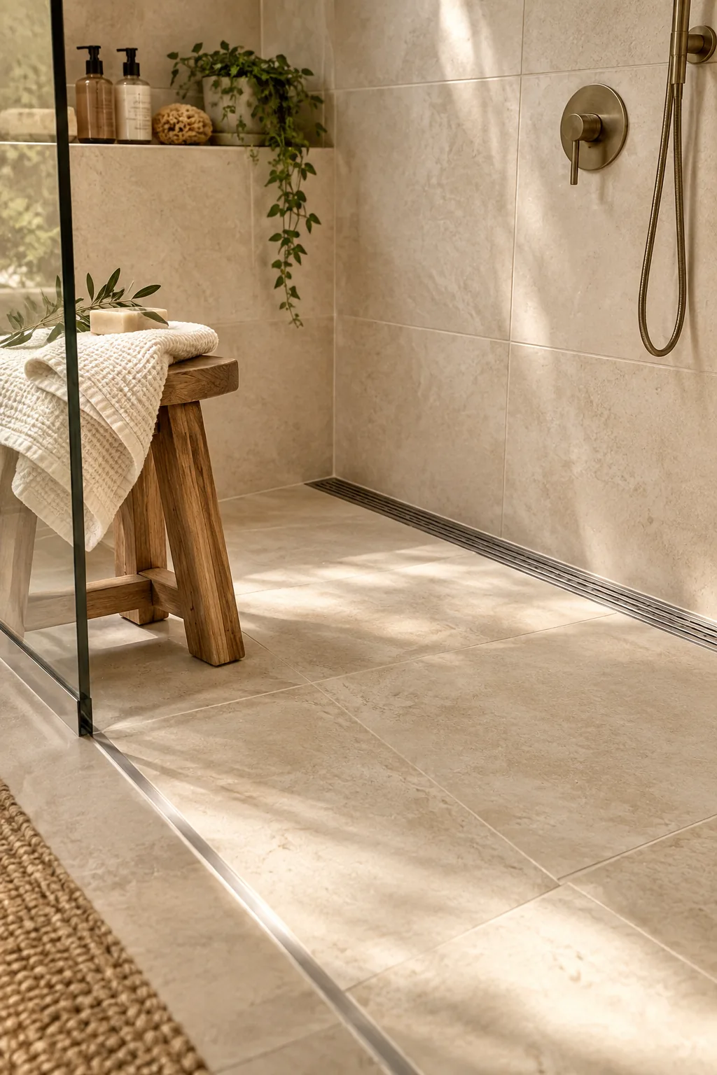 Linear trough drain at the back of a large tile shower floor