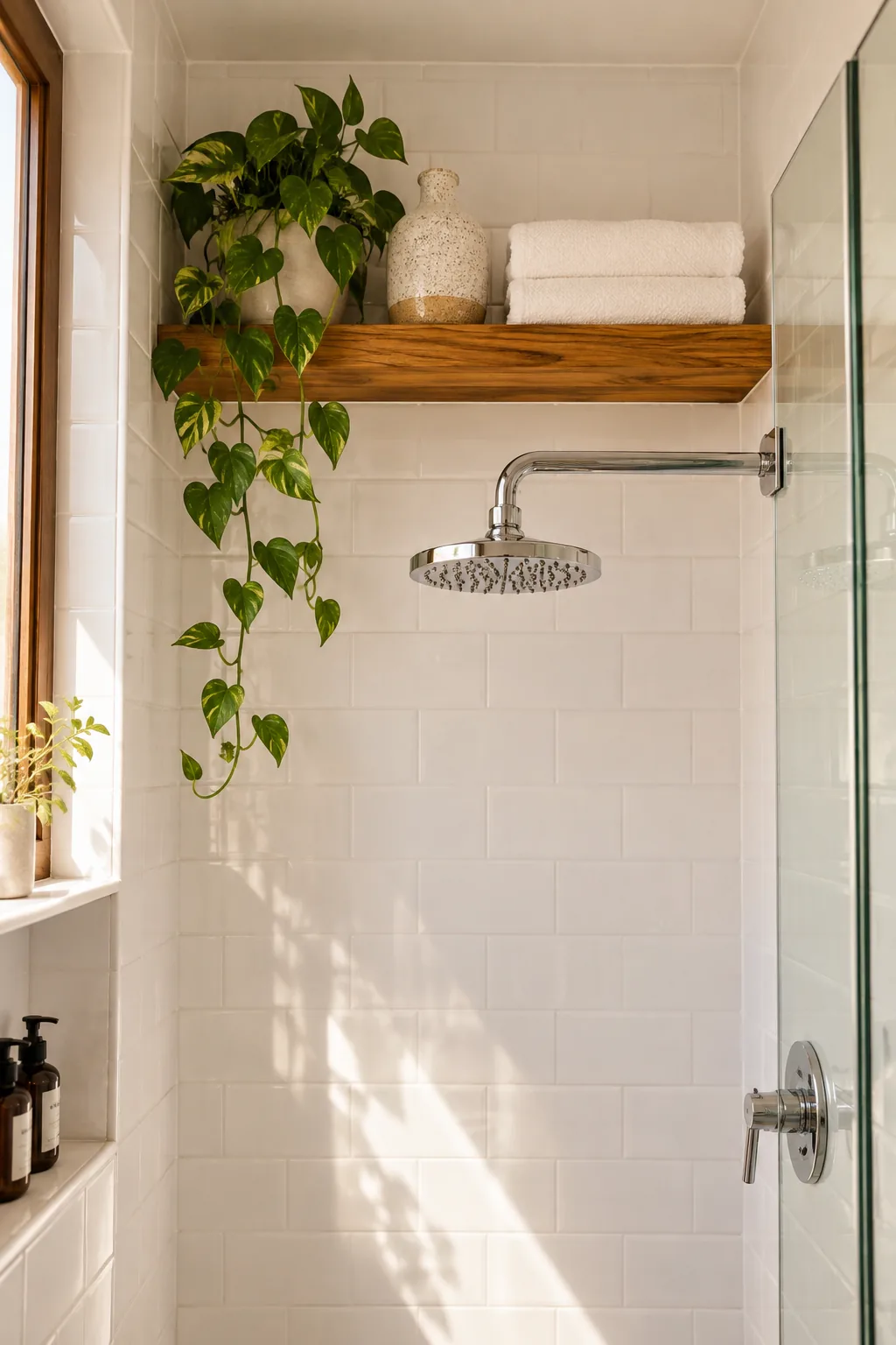 Teak wood shelf installed high above a showerhead holding rolled towels