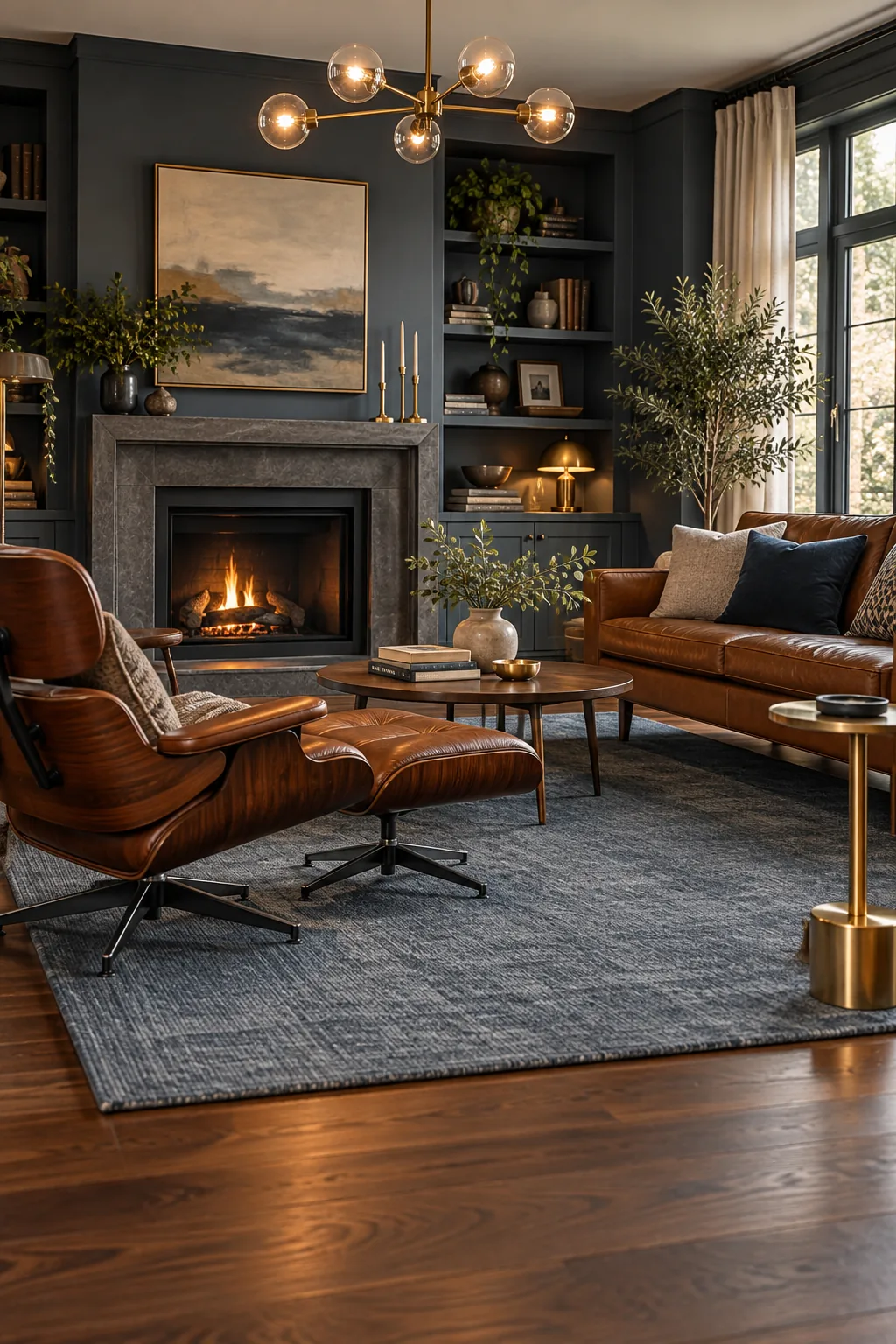A mid-century modern living room with a slate blue rug on walnut floors.