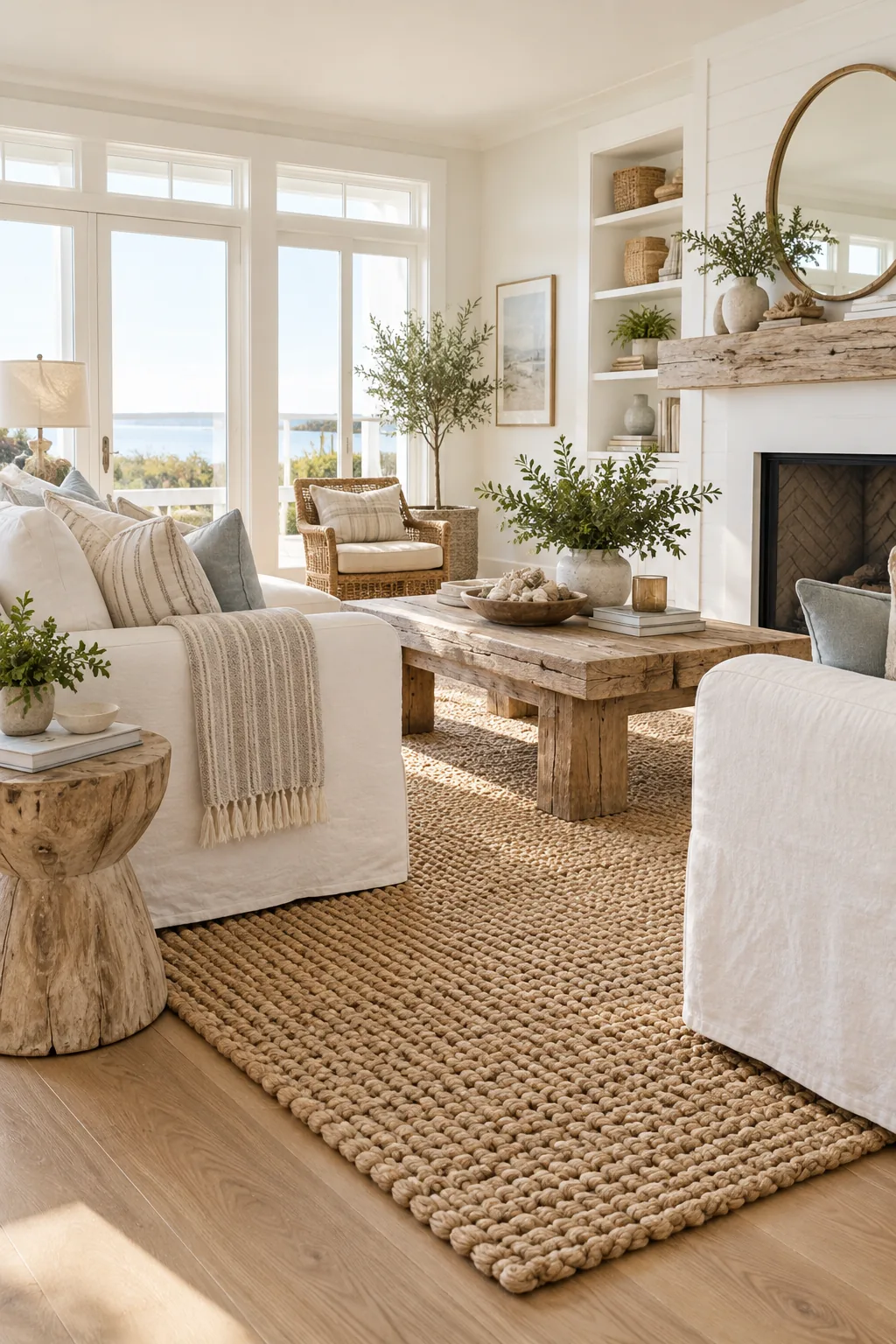 A coastal casual living room with a chunky natural jute rug on white oak floors.