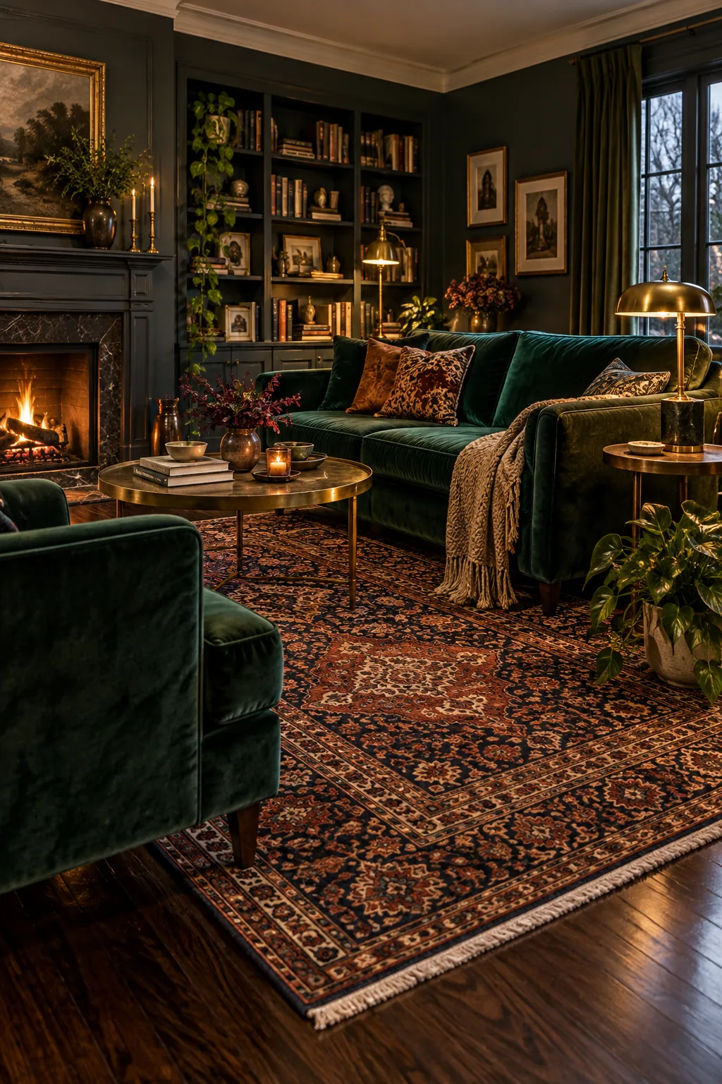A moody eclectic living room with a vintage Persian rug on dark mahogany floors.