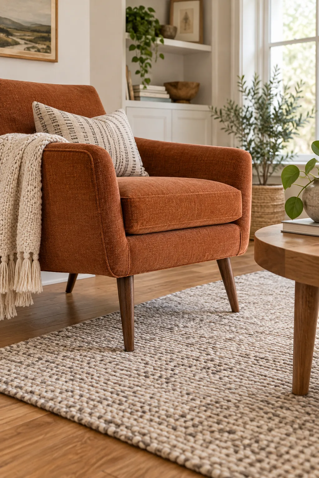 A textured area rug extending past the side of a cream sofa, providing a base for a wooden side table.