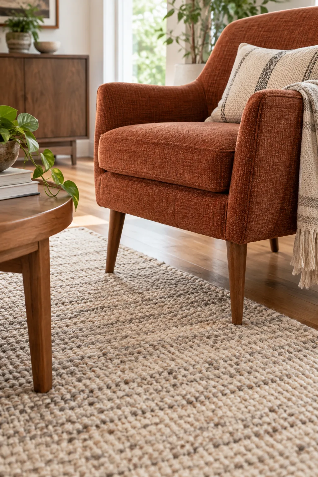 The front wooden legs of a rust-colored accent chair resting securely on a thick neutral rug.
