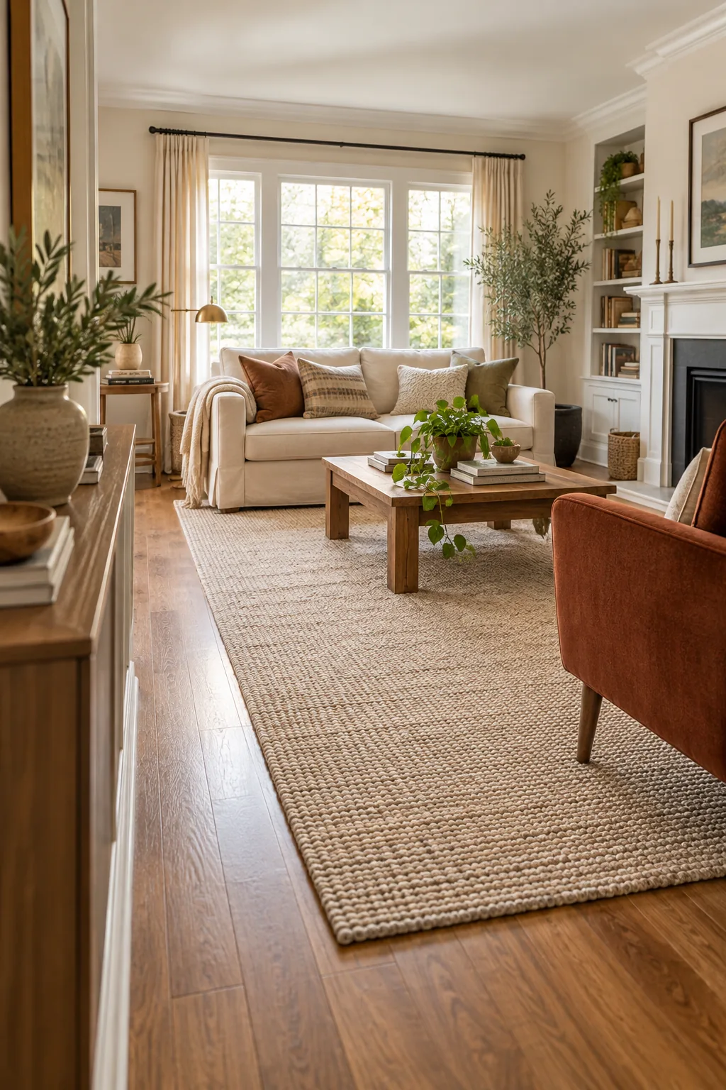 An overhead view of a flatweave rug supporting a wooden coffee table and an accent chair.