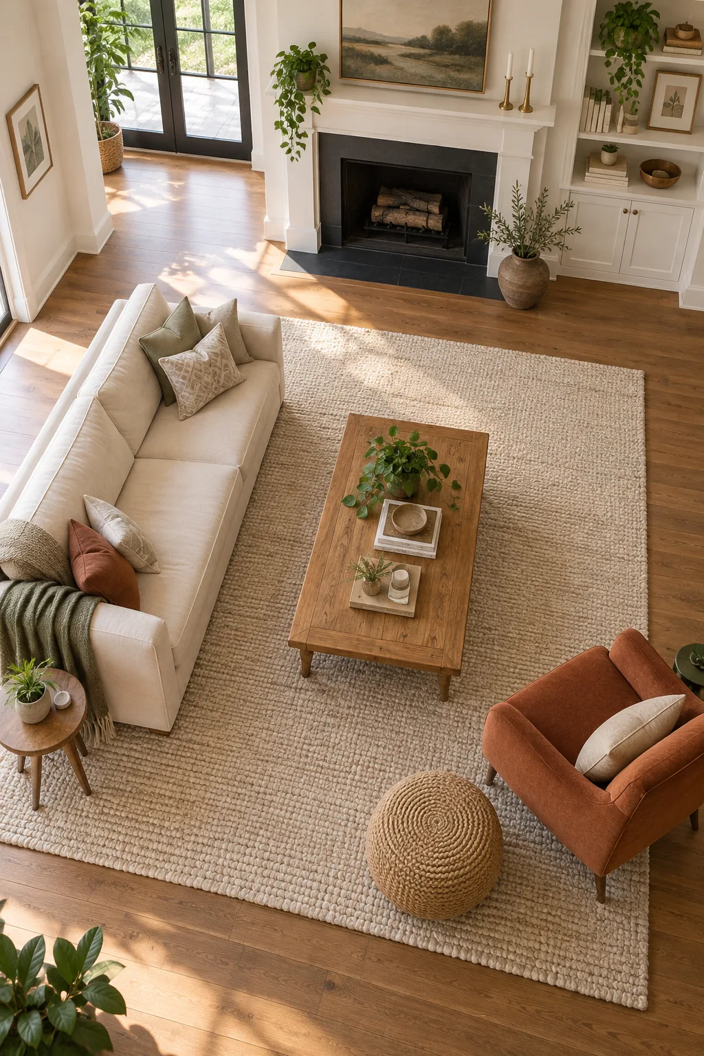 A perfectly proportioned living room where a cream sofa, rust chair, and wooden coffee table sit on a large neutral rug.
