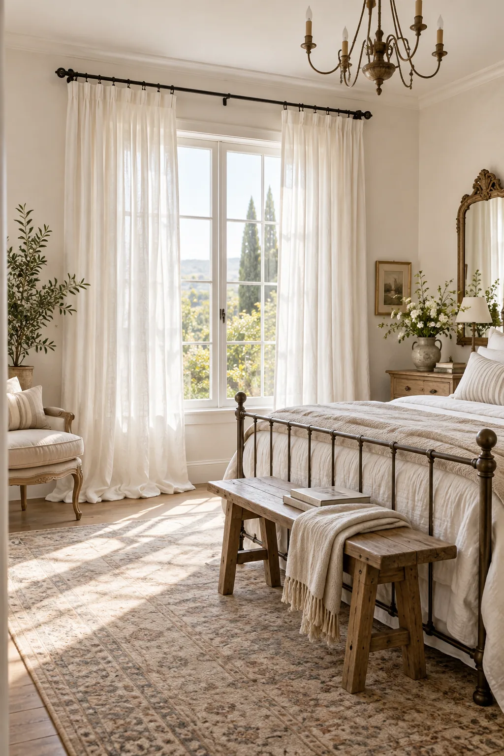 Washed white linen curtains with a puddled hem in a French Country bedroom.