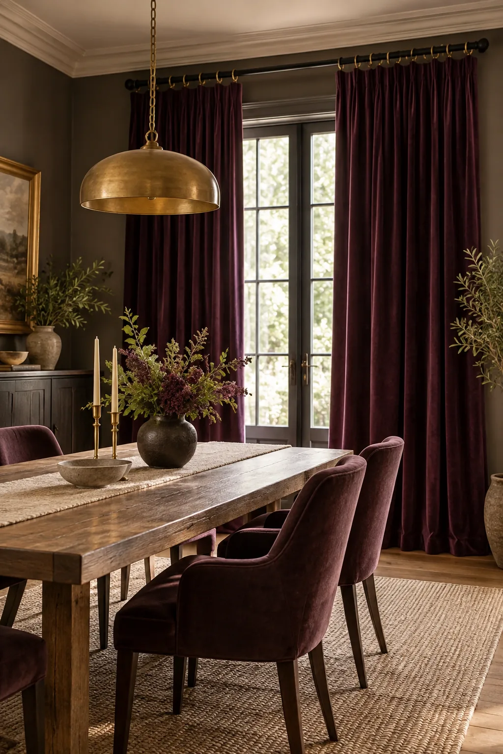 Deep plum velvet curtains hung on a matte black rod in a moody dining room.
