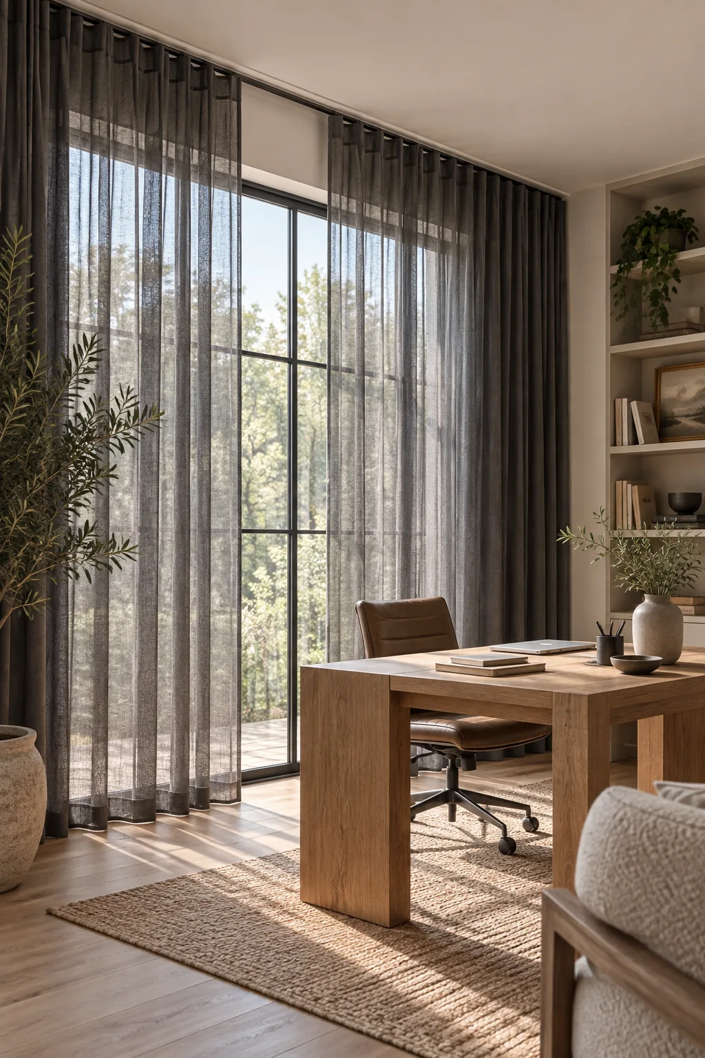 Sheer charcoal curtains hanging from a hidden ceiling track in a minimalist home office.