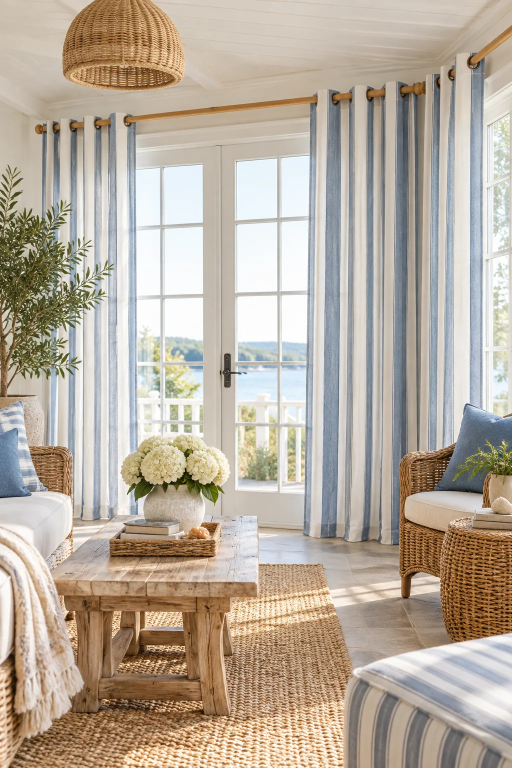 Striped blue and white cotton curtains on a natural wood rod in a coastal sunroom.