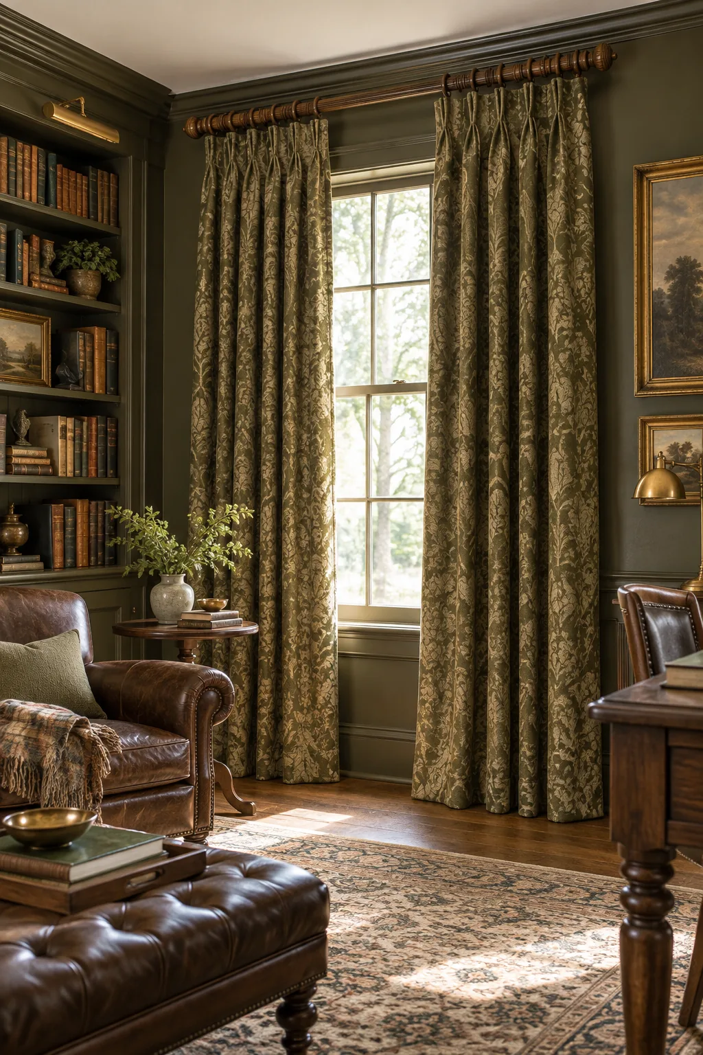 Heavy olive damask curtains with pinch pleats in a traditional library.