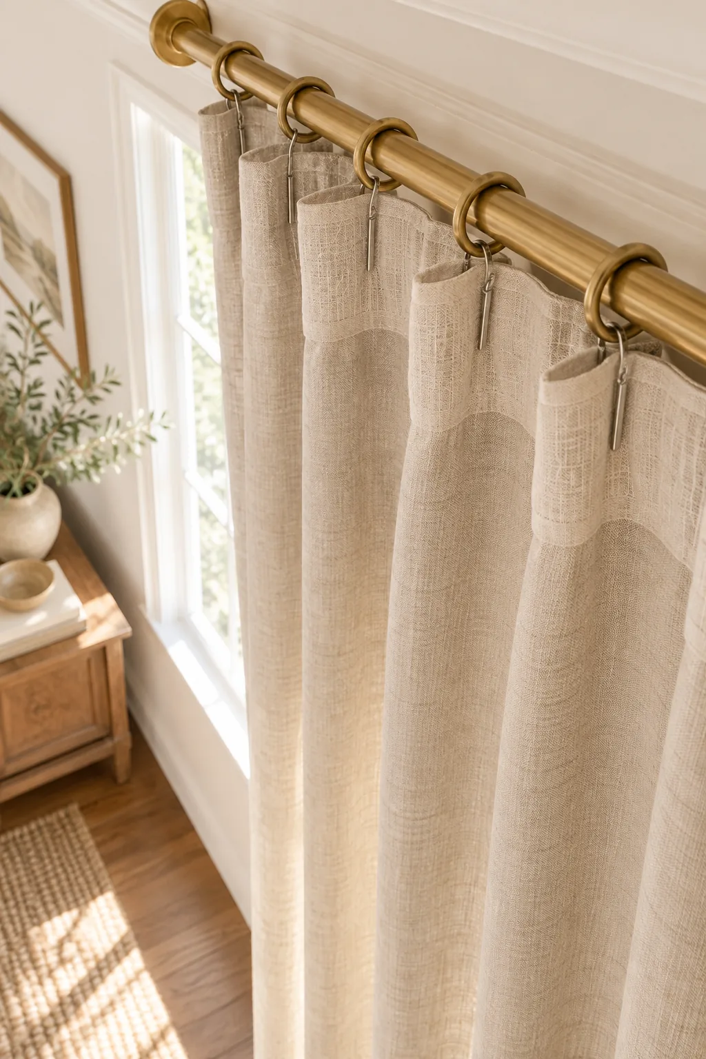Back of a linen curtain header showing metal drapery pins hooked into brass rings.
