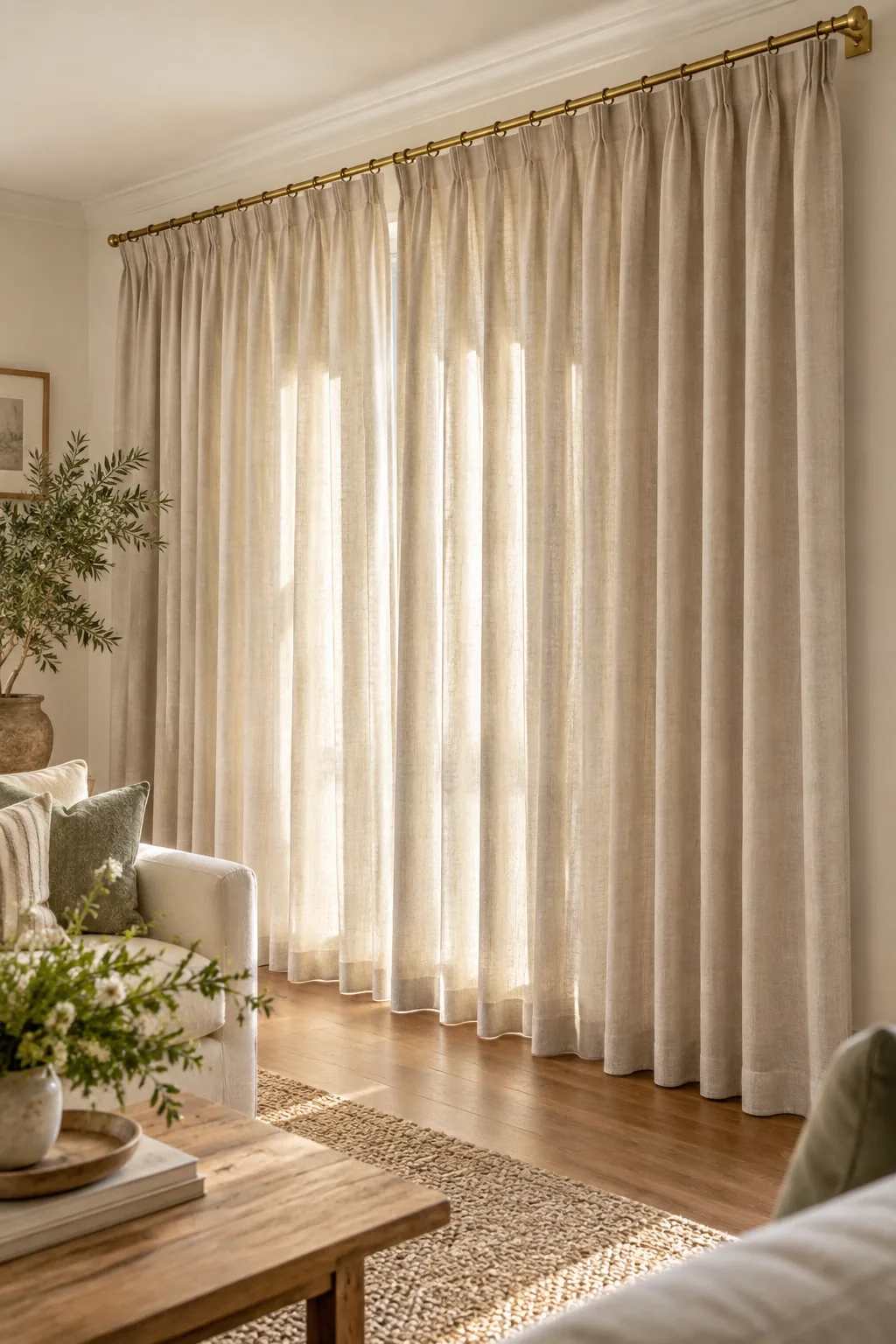 Bottom hem of a linen curtain hovering slightly above a hardwood floor.