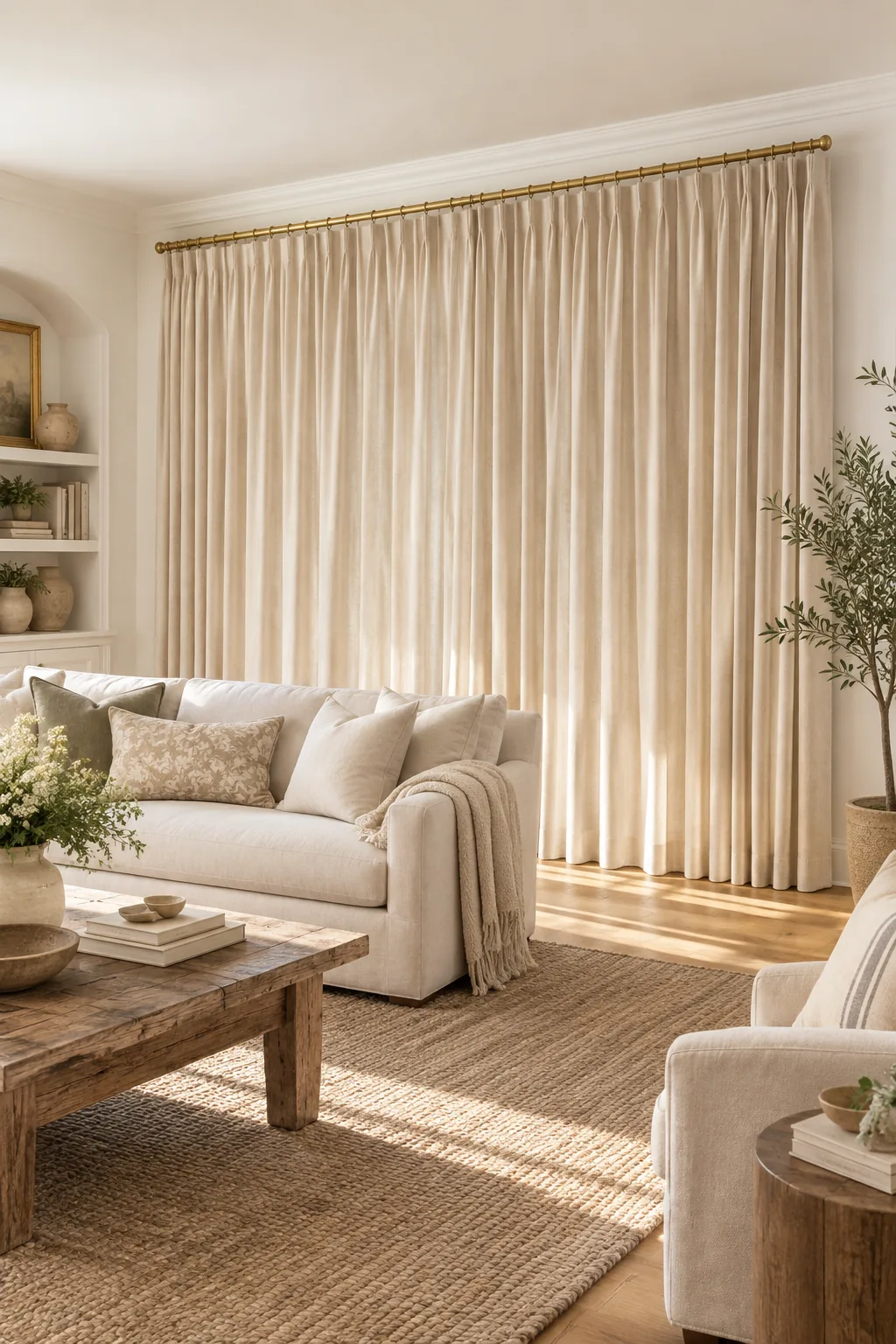 Fully closed linen curtains with deep vertical folds covering a living room window.