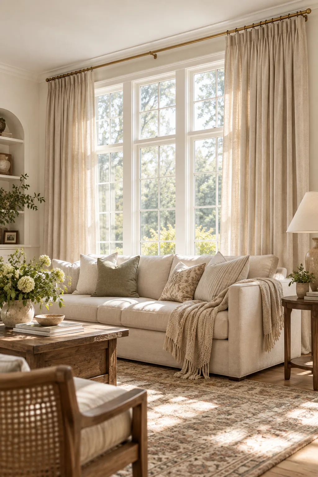 Sunlit living room featuring tall linen curtains hung from the ceiling framing a window.