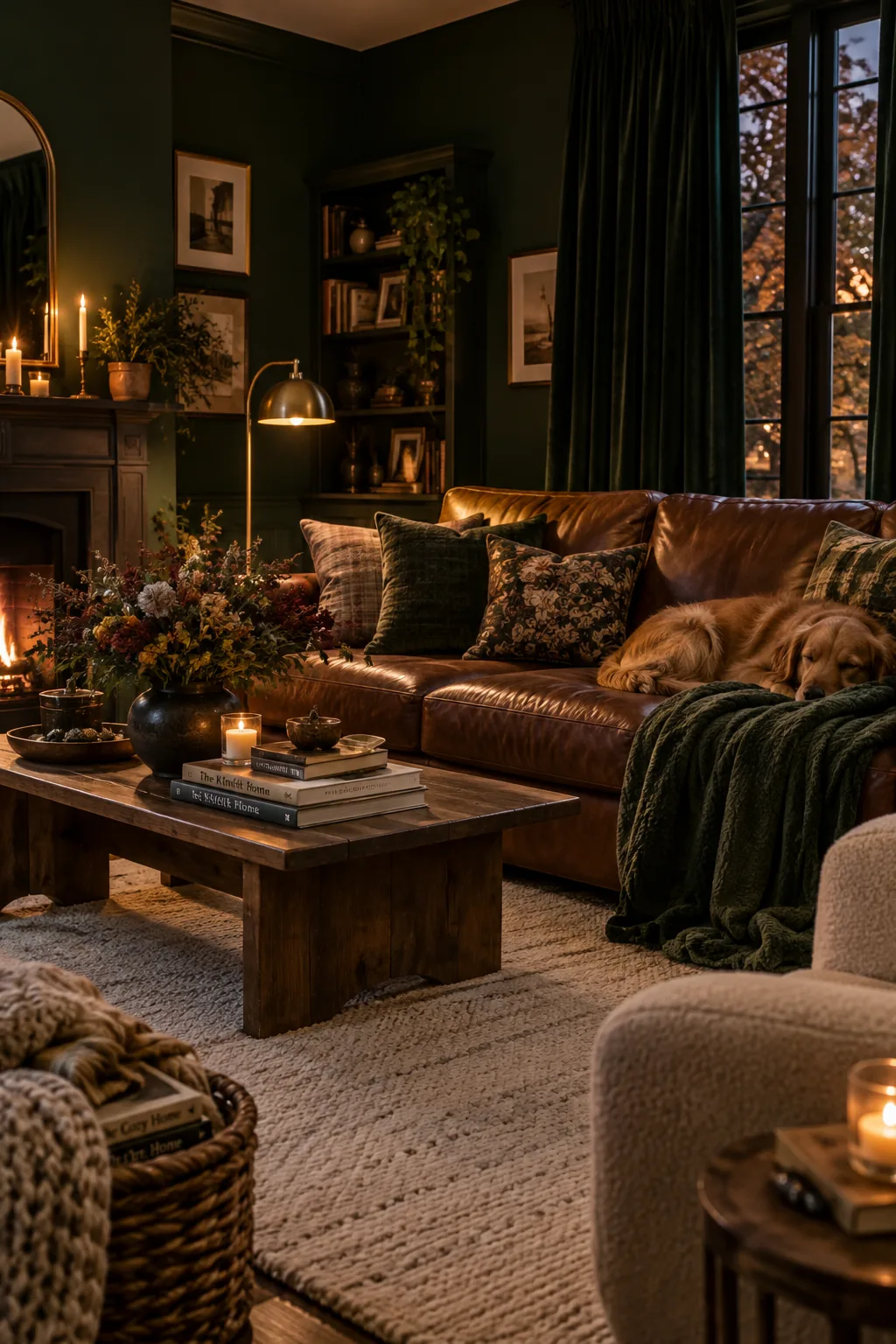 Brown leather couch against a dark forest green wall
