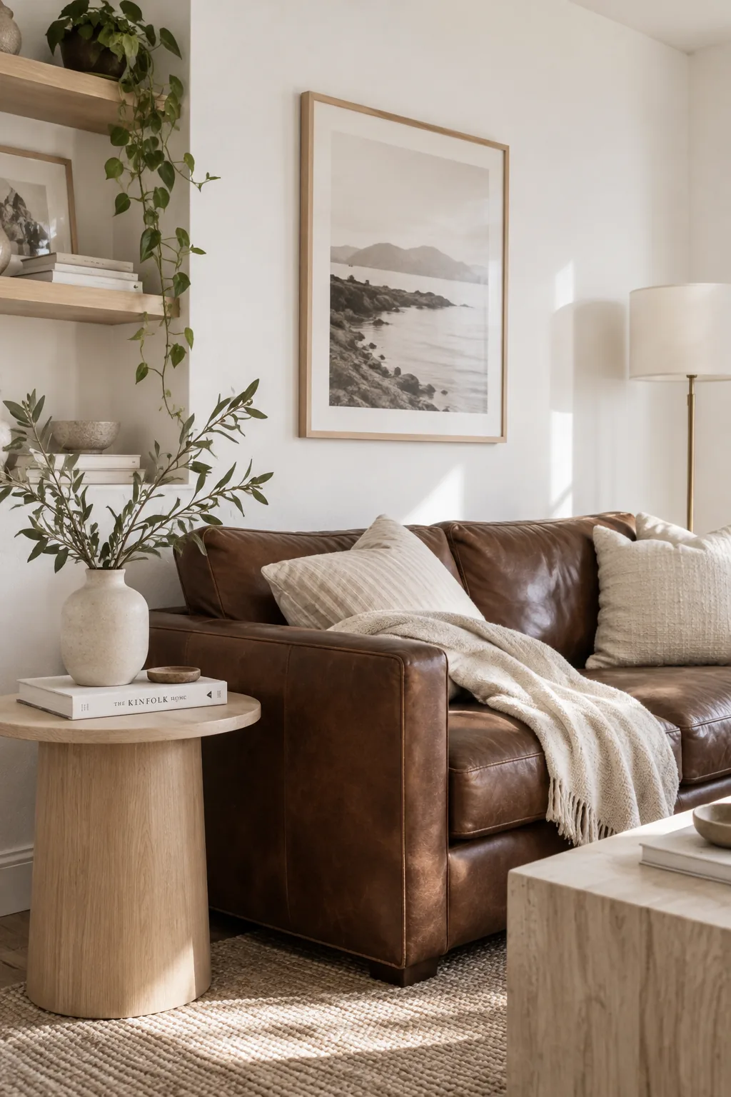 Bright living room with white walls and a brown leather sofa