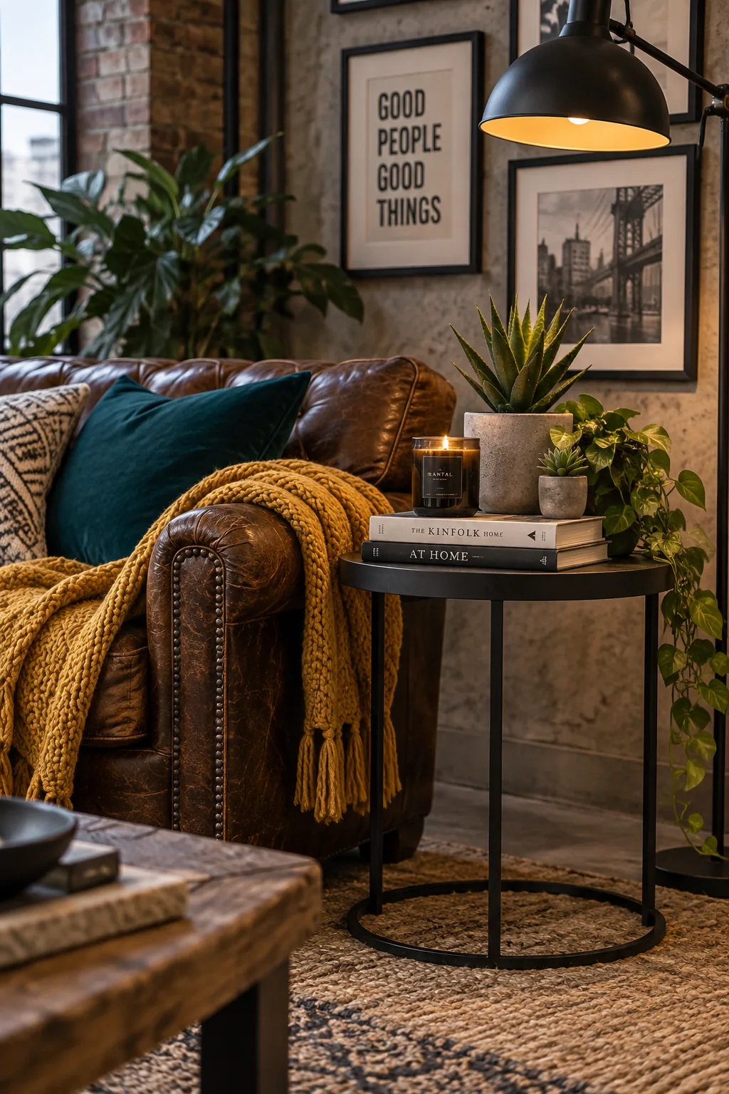 Industrial living room with a brown leather sofa and black metal accents
