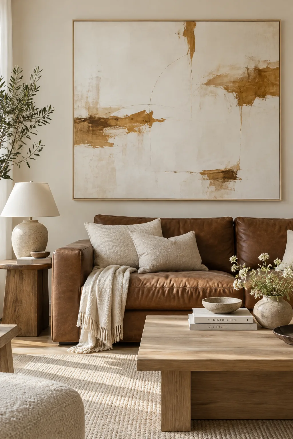 Large abstract art piece hanging over a brown leather sofa