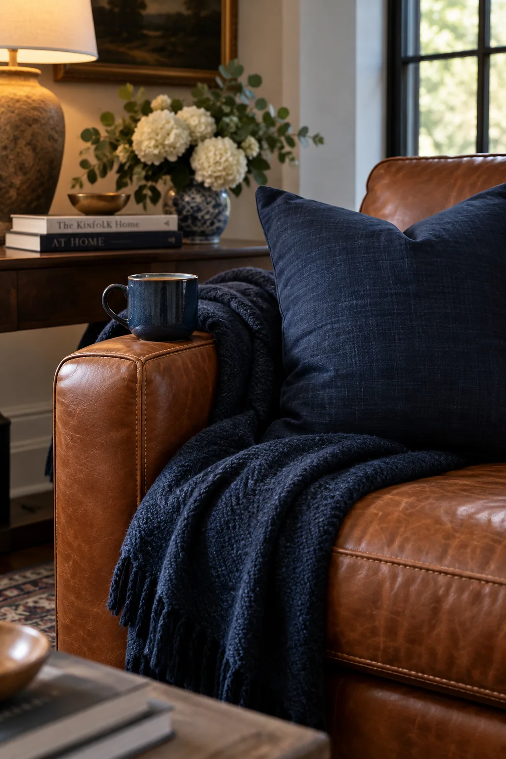 Cognac leather sofa paired with navy blue velvet chairs