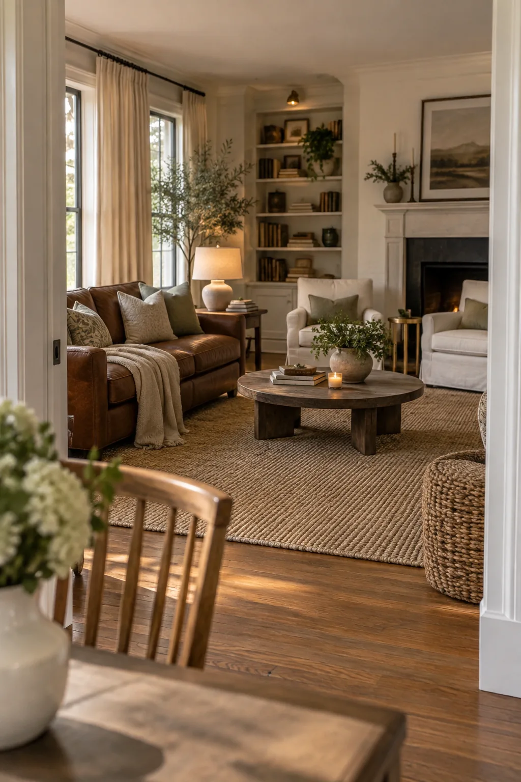 Brown leather sofa facing two light upholstered armchairs