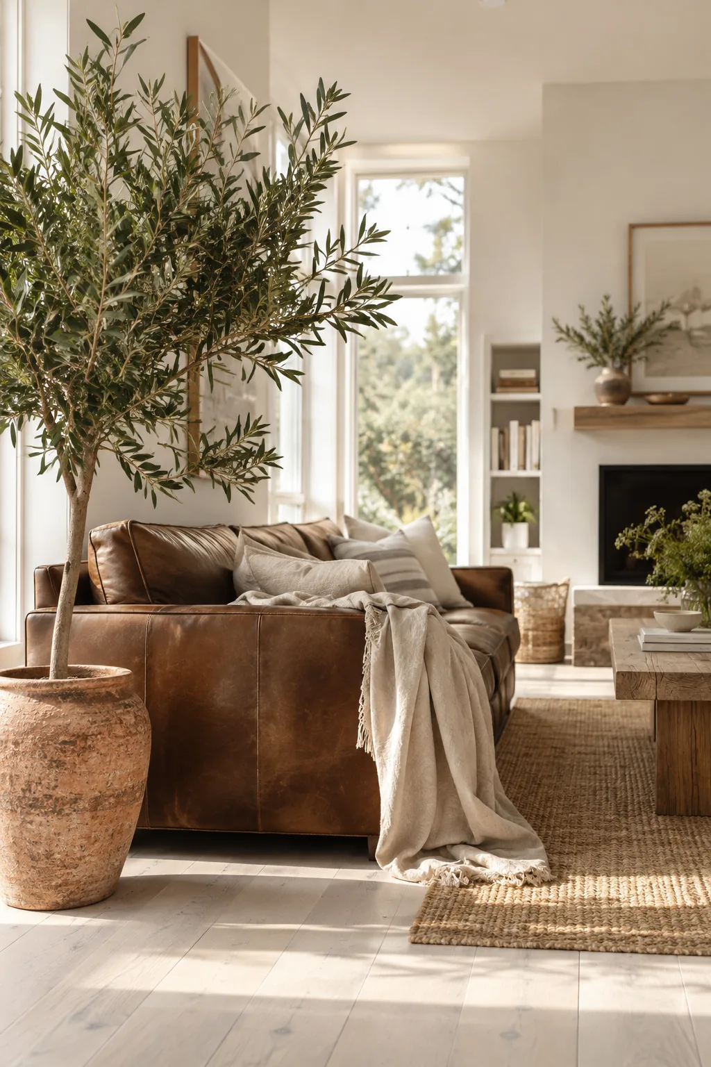 Tall olive tree in a terracotta pot next to a brown leather sofa