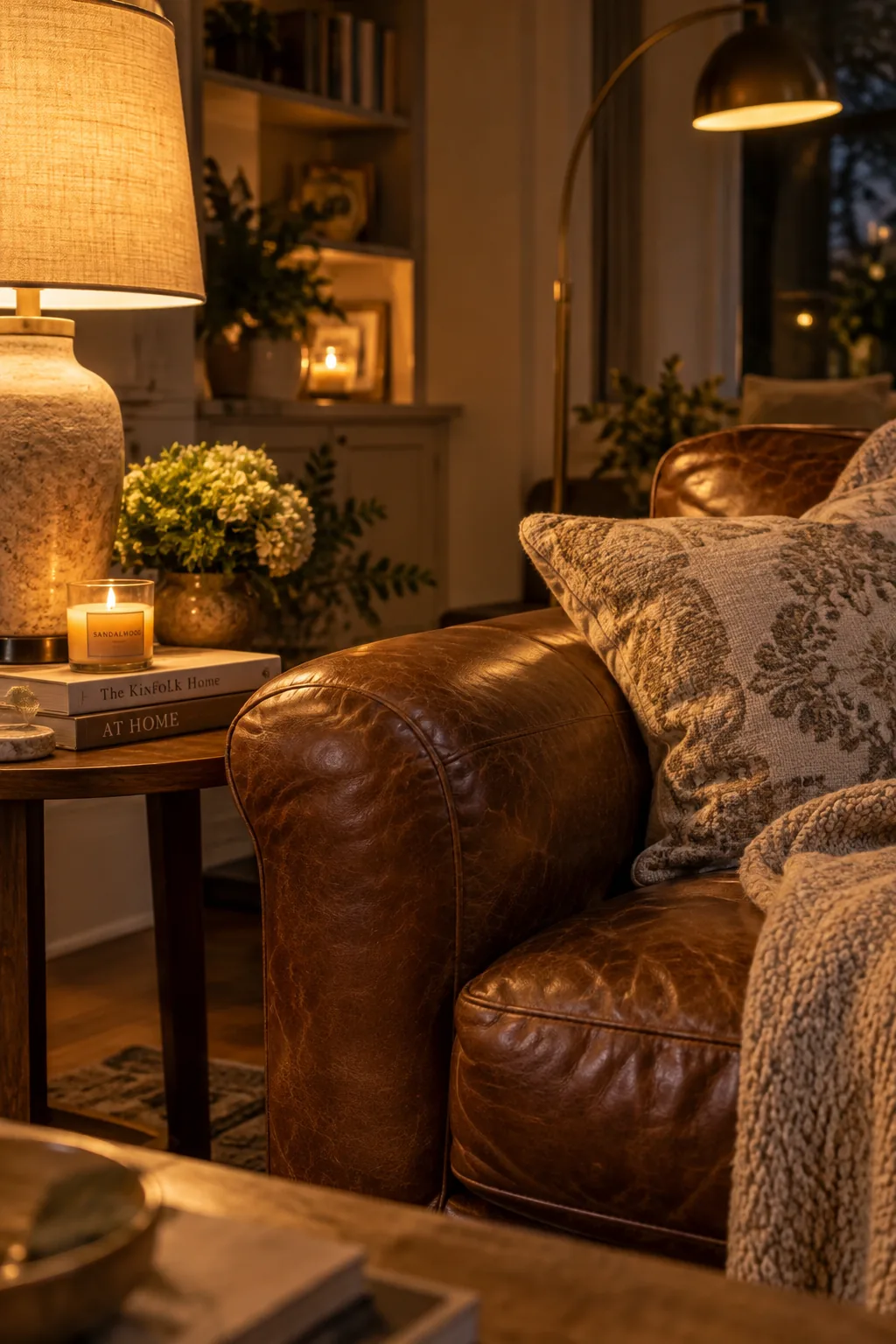 Brown leather sofa illuminated by a brass floor lamp and table lamp