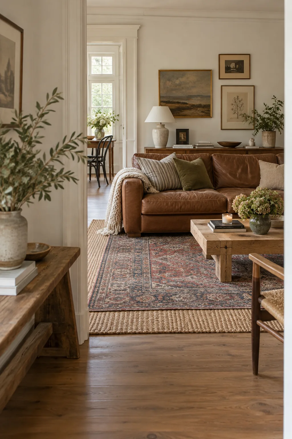 Faded vintage Persian rug under a brown leather sofa